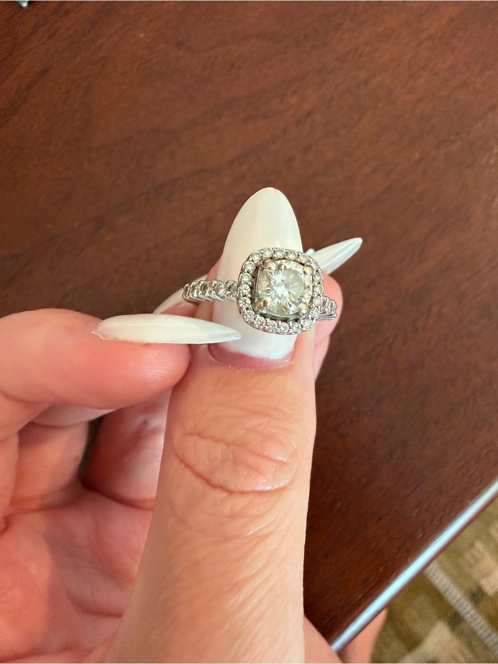 White Halo Solitaire Engagement Ring with Pavé Band